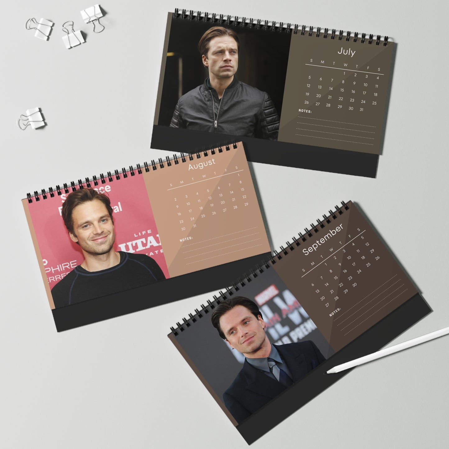 Sebastian Stan 2026 Desk Calendar | Celebrity Spiral Bound Photo Calendar | Fan Collectible Gift | Stylish Desk & Office Décor