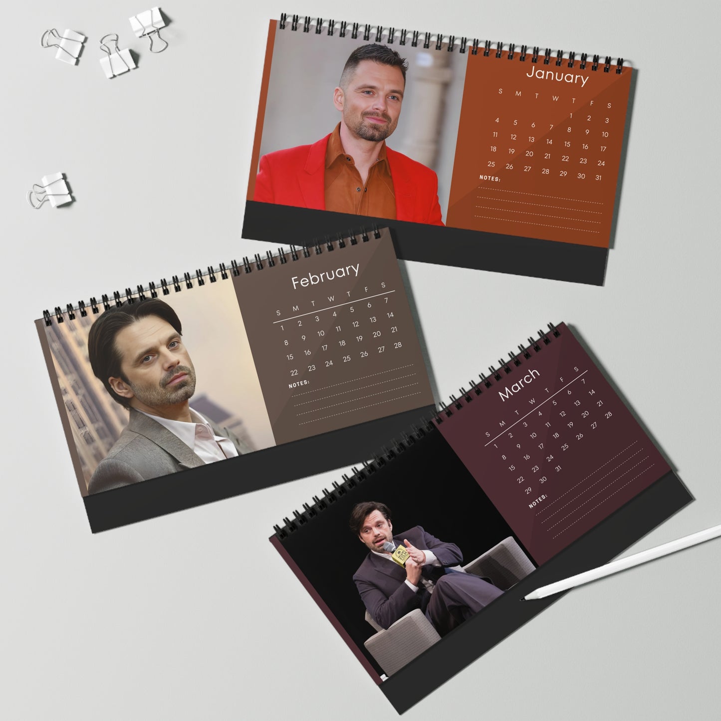 Sebastian Stan 2026 Desk Calendar | Celebrity Photo Calendar | Stylish Desk Accessory & Perfect Fan Gift