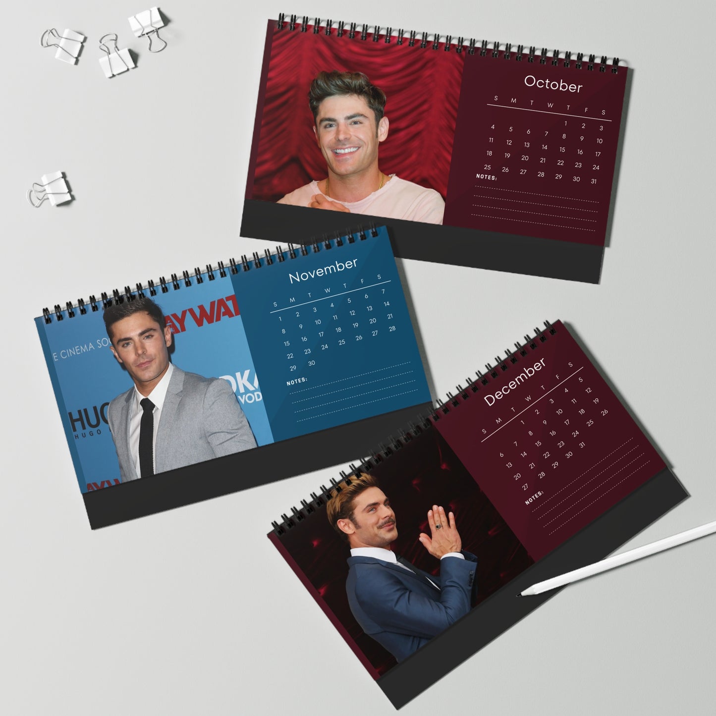 Zac Efron 2026 Desk Calendar | Premium Spiral Bound Celebrity Photo Calendar | High-Quality Fan Gift & Desk Décor