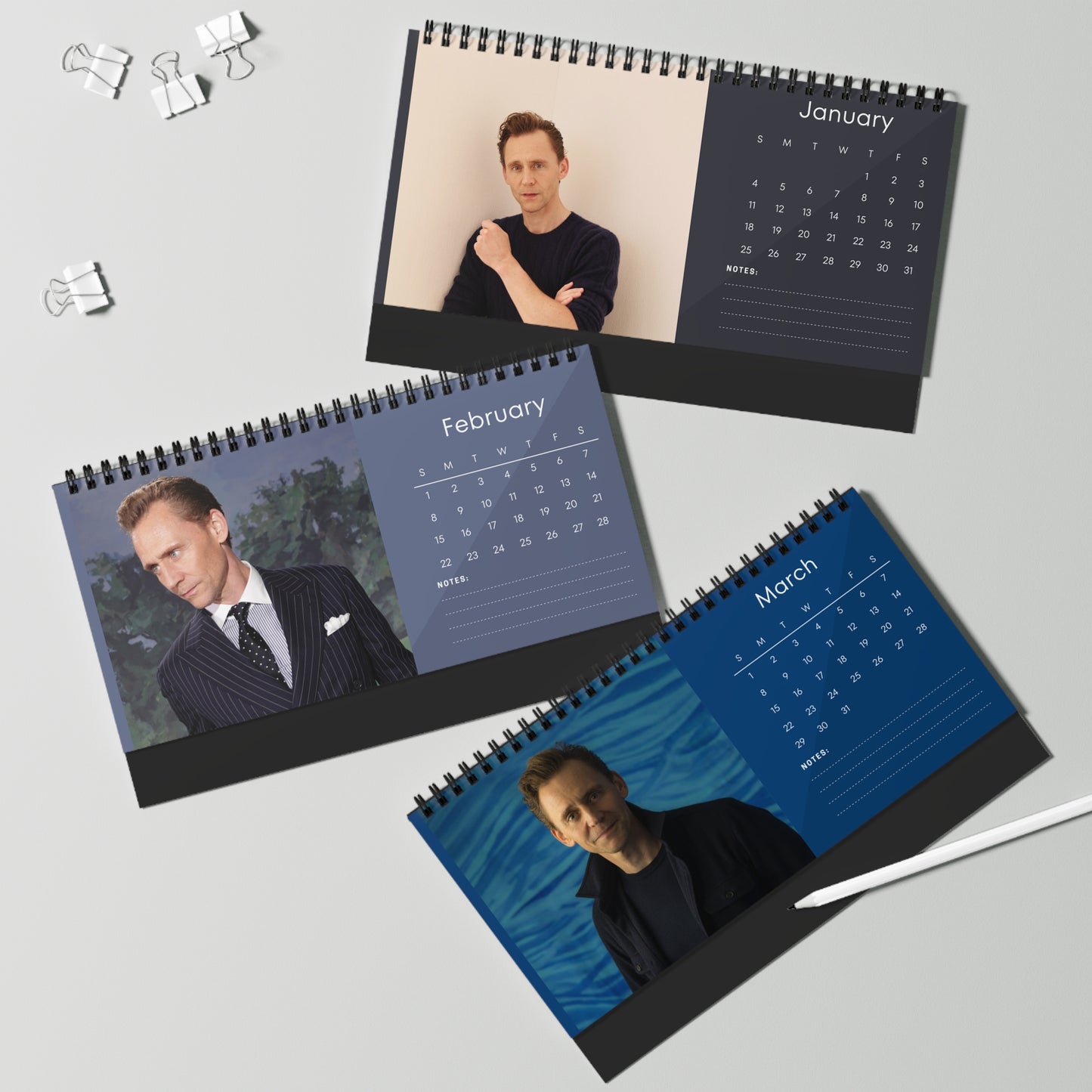 Tom Hiddleston 2026 Desk Calendar | Premium Spiral Bound Celebrity Photo Calendar | High-Quality Fan Gift & Desk Décor