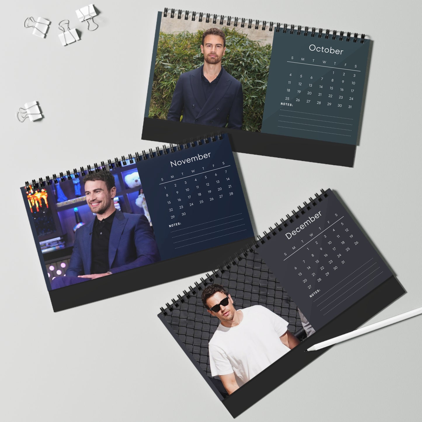 Theo James 2026 Desk Calendar | Premium Spiral Bound Celebrity Photo Calendar | High-Quality Fan Gift & Desk Décor