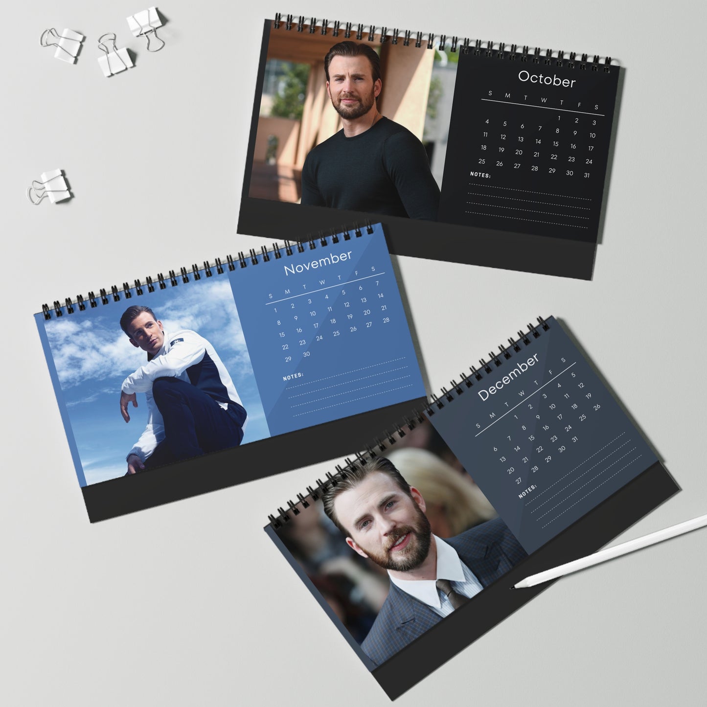 Chris Evans 2026 Desk Calendar | Premium Spiral Bound Celebrity Photo Calendar | Collectible Fan Gift | Stylish Desk & Office Décor
