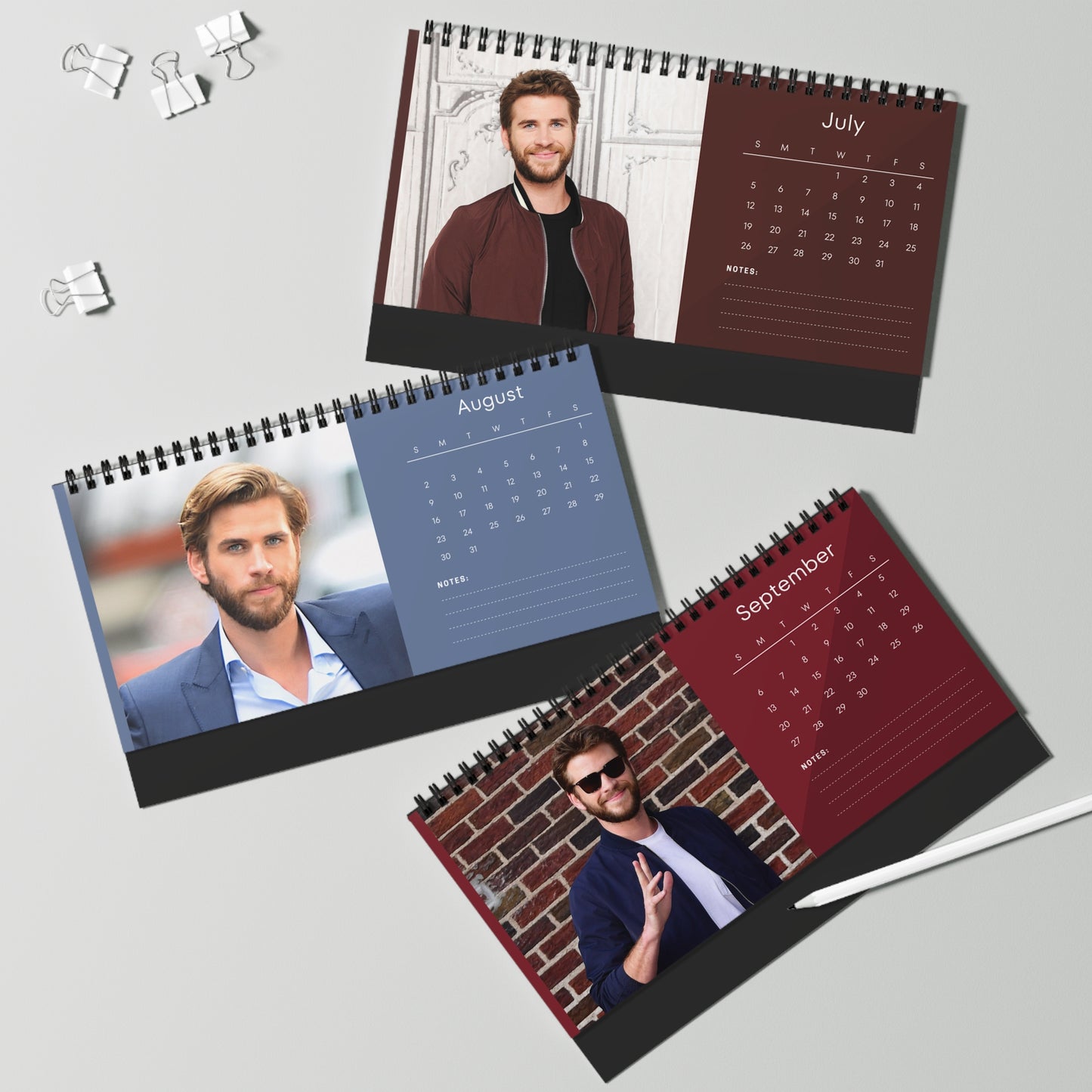 Liam Hemsworth 2026 Desk Calendar | Premium Spiral Bound Celebrity Photo Calendar | High-Quality Fan Gift & Desk Décor