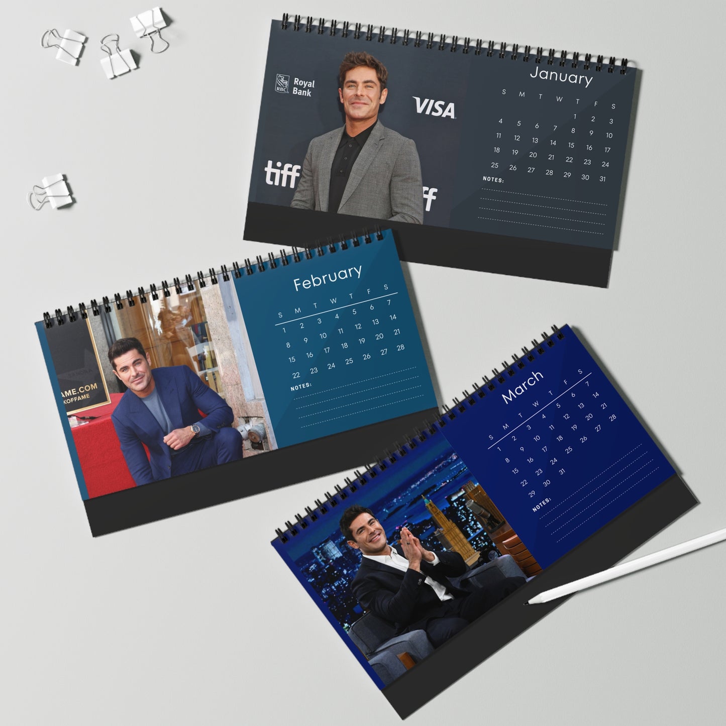 Zac Efron 2026 Desk Calendar | Premium Spiral Bound Celebrity Photo Calendar | High-Quality Fan Gift & Desk Décor
