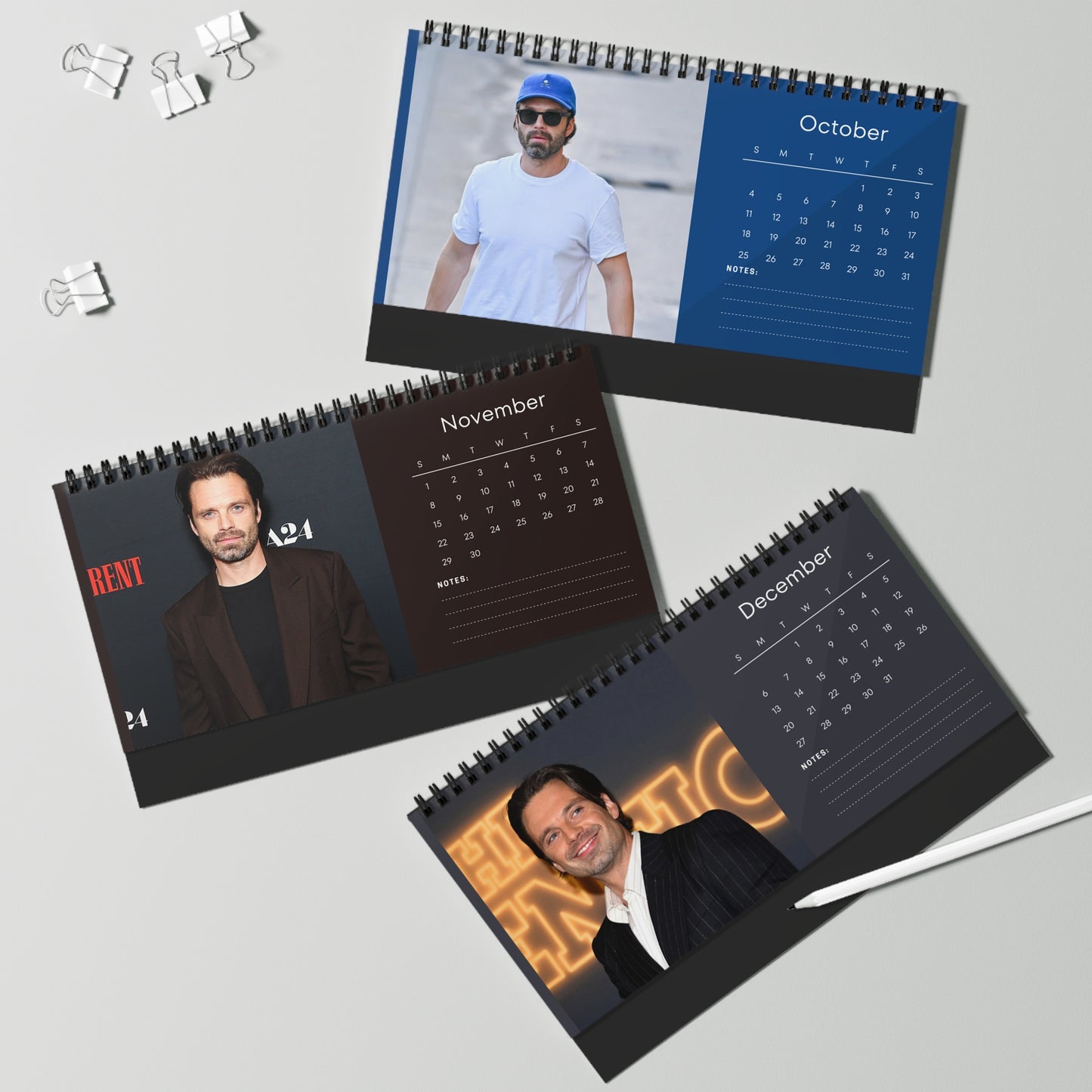 Sebastian Stan 2026 Desk Calendar | Premium Spiral Bound Celebrity Photo Calendar | High-Quality Fan Gift & Desk Décor