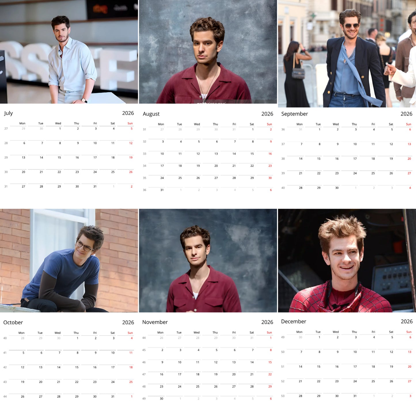 Andrew Garfield 2026 Wall Calendar (Large Calendar) – Hollywood Star Fan Gift, Premium Wall Art