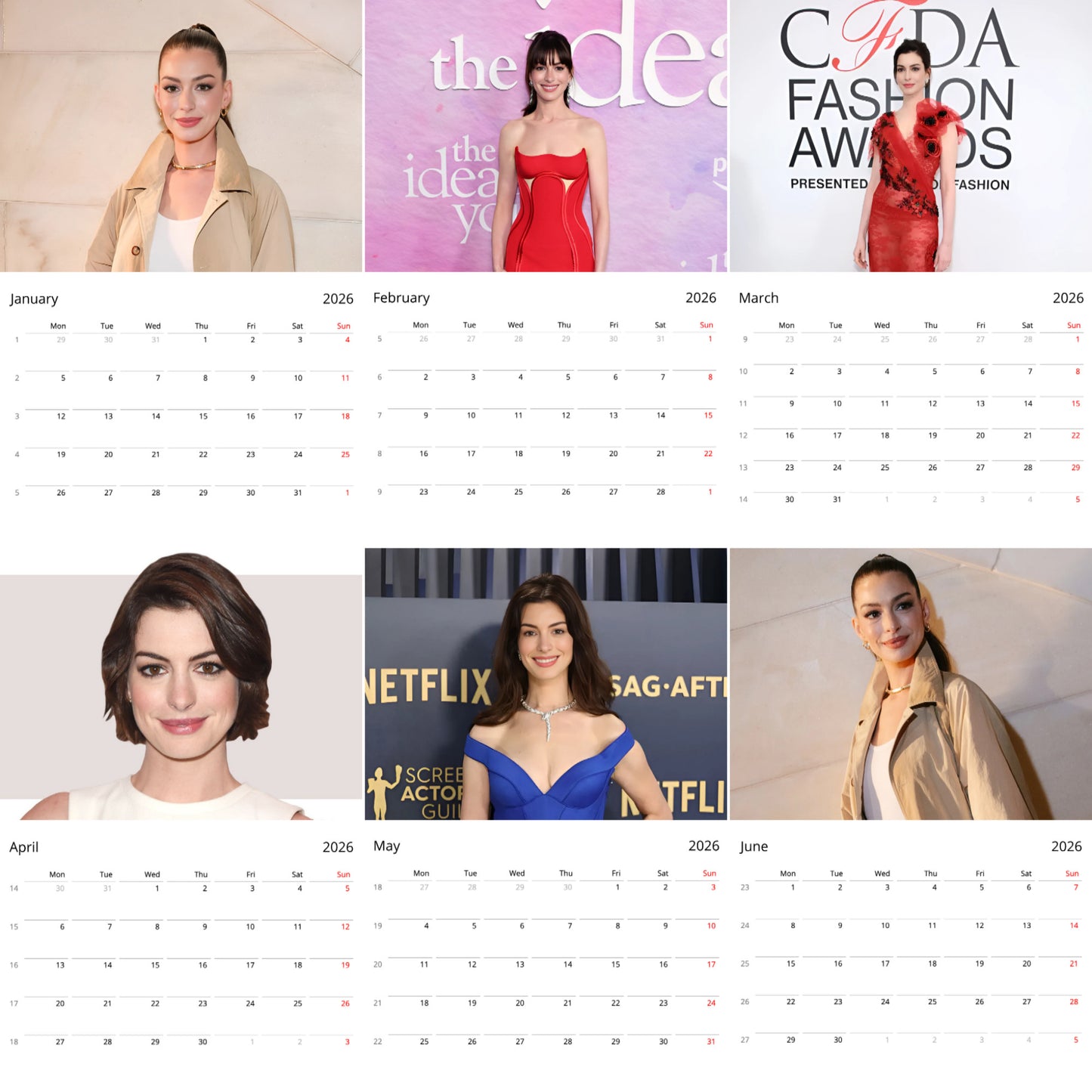 Anne Hathaway 2026 Wall Calendar (Large Calendar) – Hollywood Actress Fan Gift, Premium Wall Art