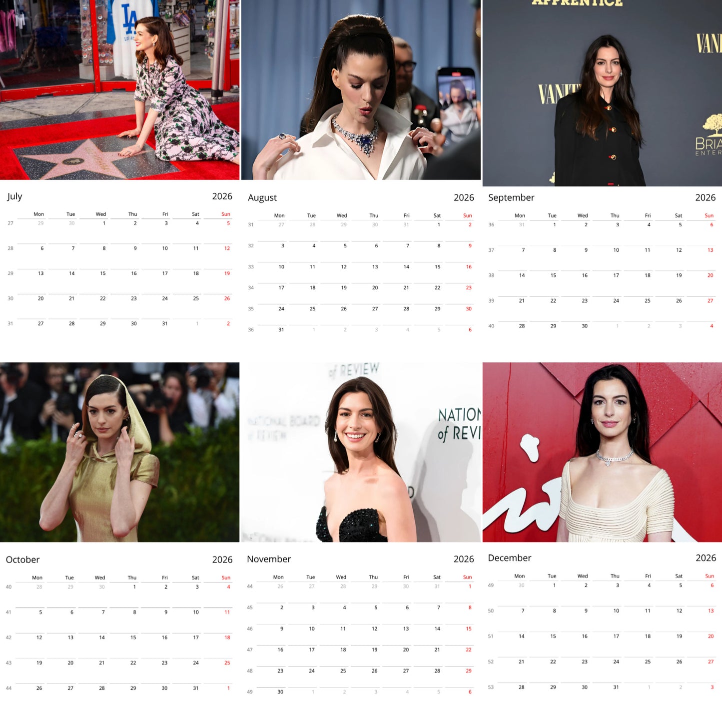 Anne Hathaway 2026 Wall Calendar (Large Calendar) – Hollywood Actress Fan Gift, Premium Wall Art