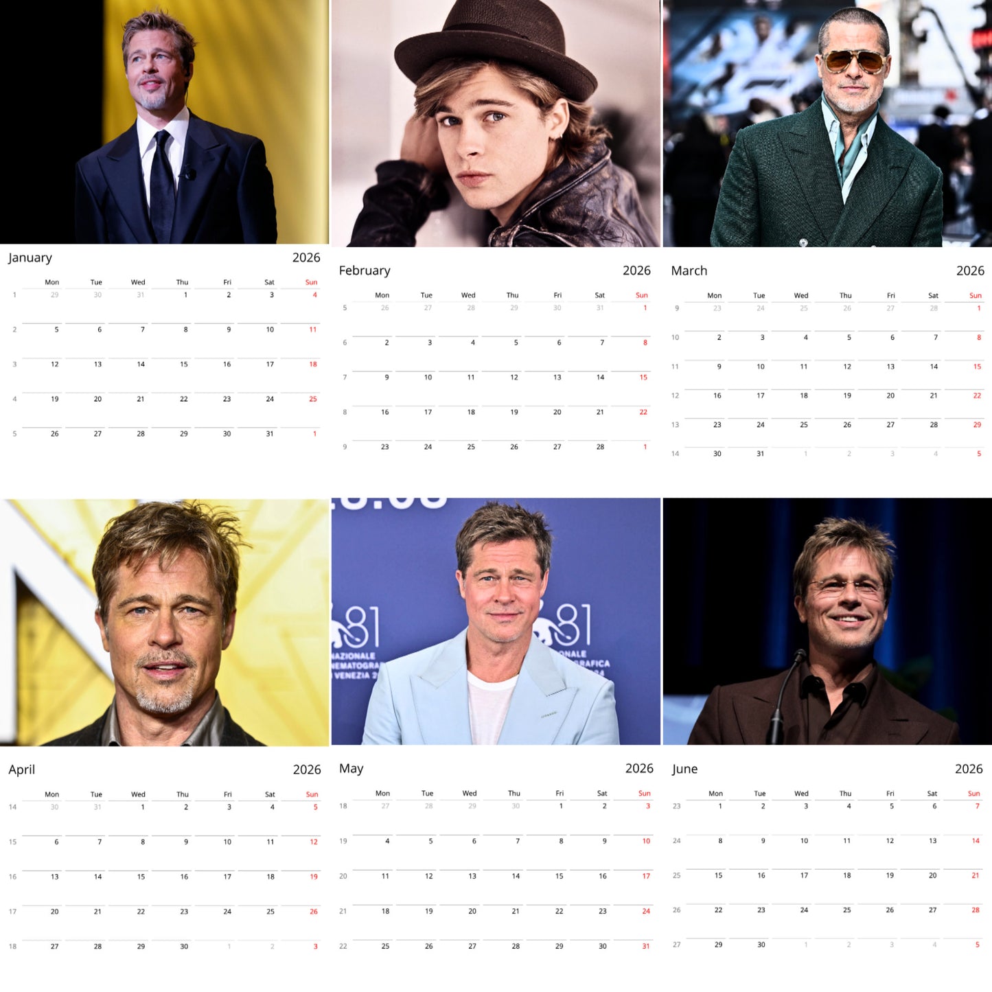 Brad Pitt 2026 Wall Calendar (Large Calendar) – Celebrity Fan Gift, Premium Wall Art
