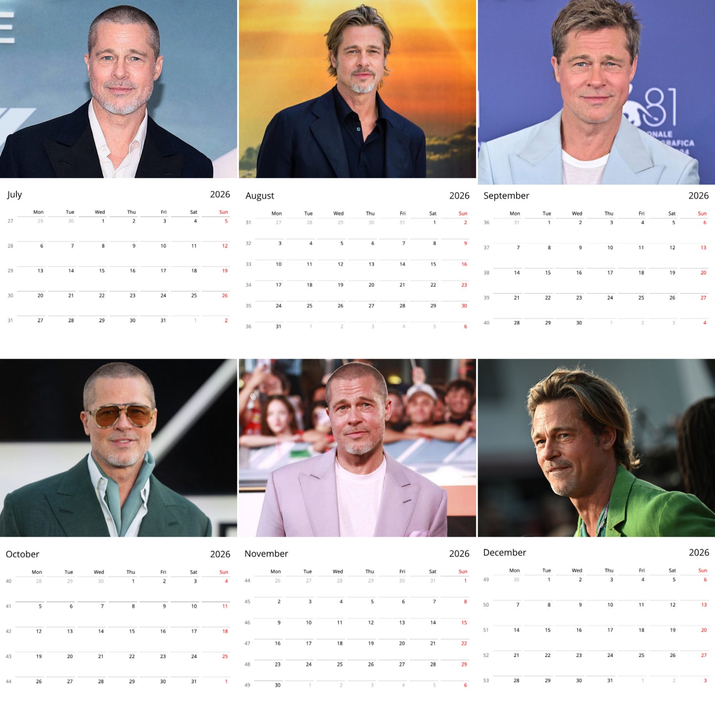 Brad Pitt 2026 Wall Calendar (Large Calendar) – Celebrity Fan Gift, Premium Wall Art