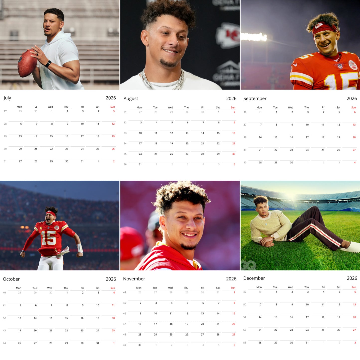 Patrick Mahomes 2026 Wall Calendar ( Large Calendar ) – Sports Fan Gift, Premium Wall Art