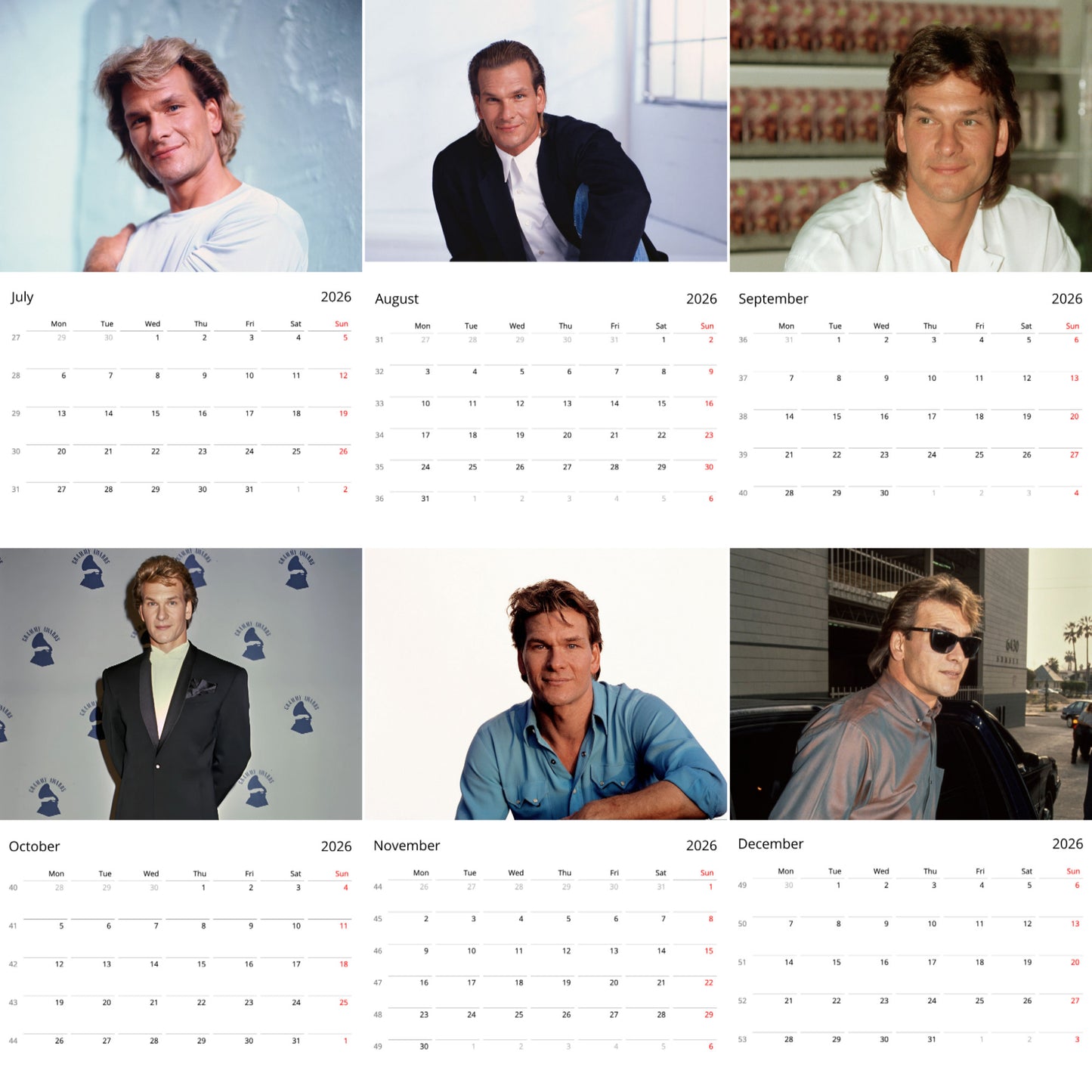 Patrick Swayze 2026 Wall Calendar (Large Calendar) – Celebrity Fan Gift, Premium Wall Art