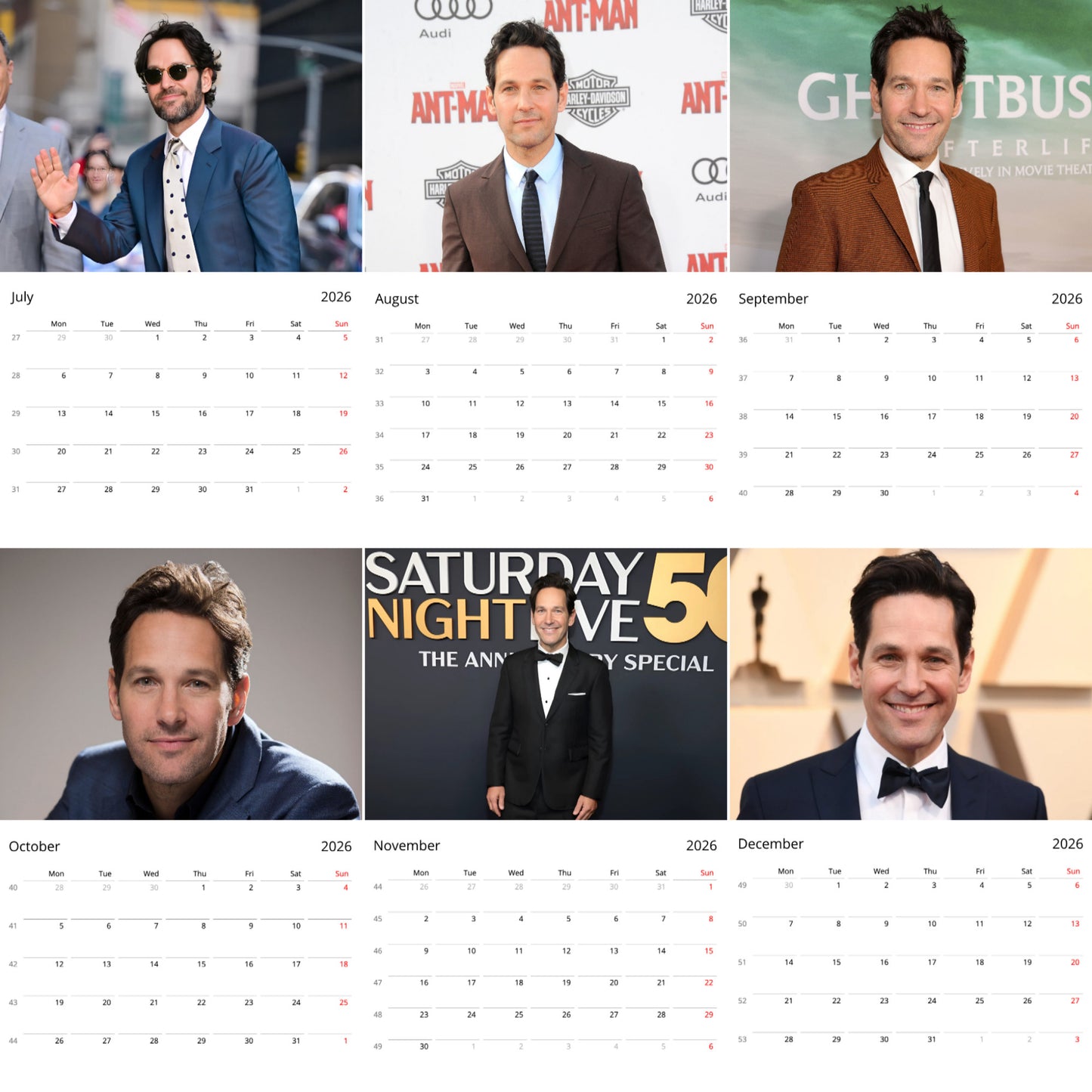 Paul Rudd 2026 Wall Calendar ( Large Calendar ) – Fan Gift, Celebrity Wall Art Calendar
