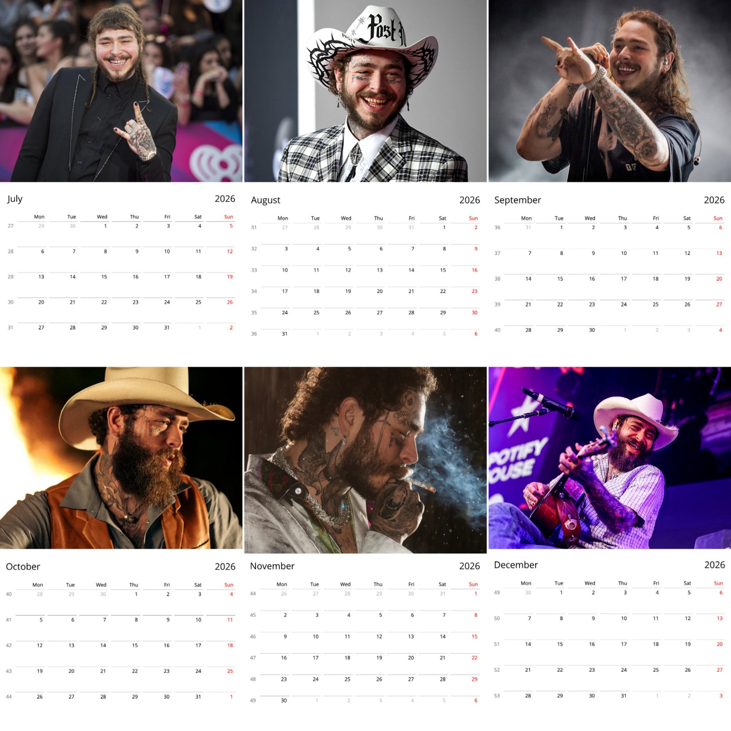 Post Malone 2026 Wall Calendar ( Large Calendar ) – Music Artist Fan Gift, Premium Wall Art Calendar