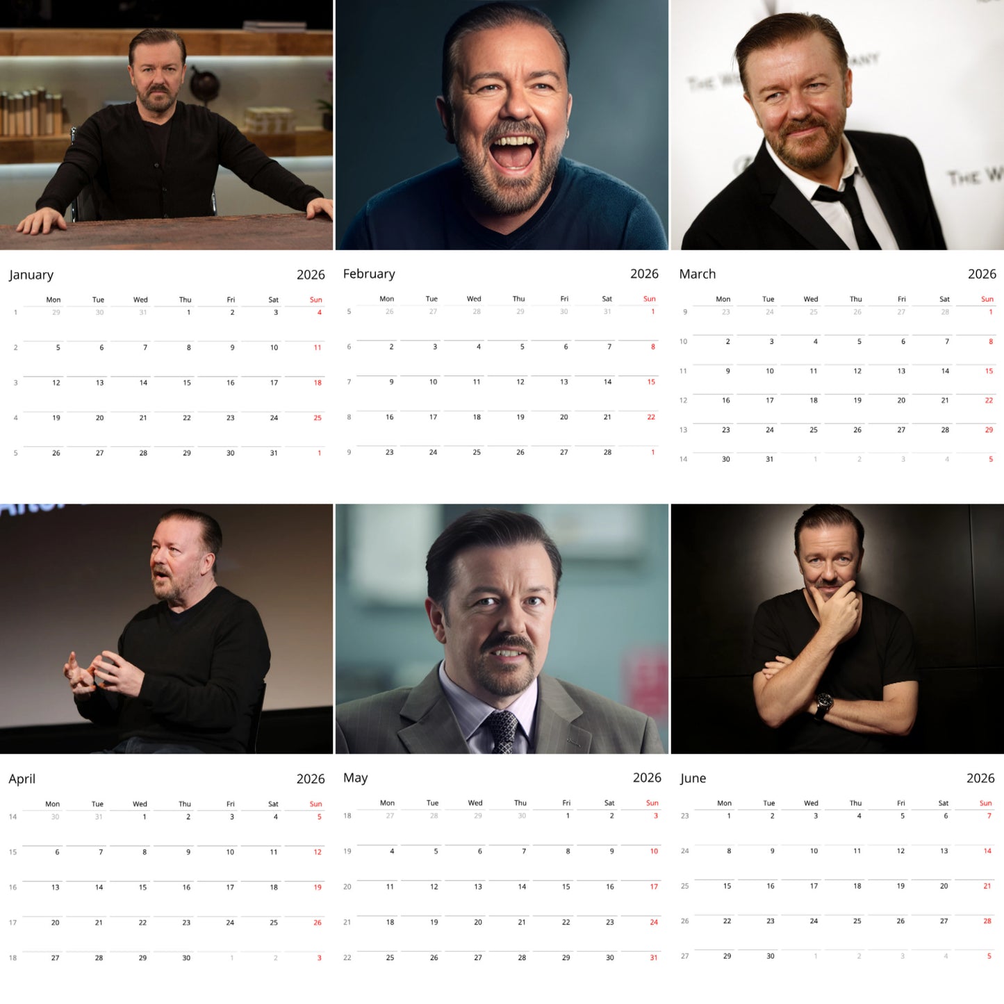 Ricky Gervais 2026 Wall Calendar ( Large Calendar ) – Comedy Legend Calendar for Fans