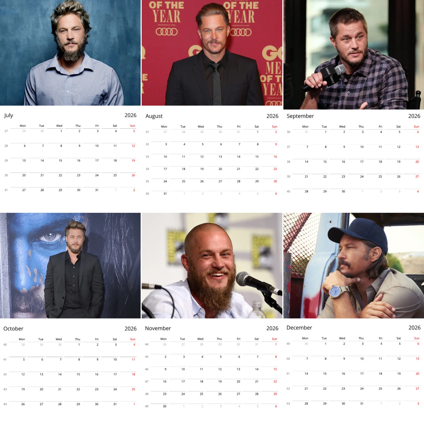 Travis Fimmel 2026 Wall Calendar – Premium Actor Calendar for Fans, Vikings Star Gift